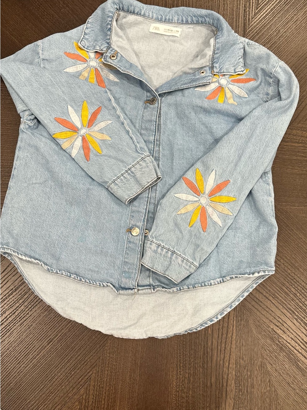 Zara Light Blue Denim Shirt with Yellow, Orange & White Floral Embroidery